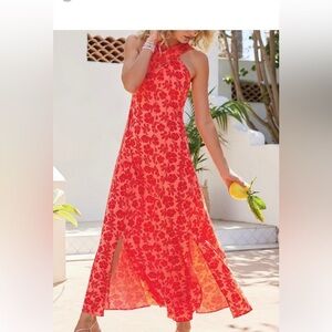 Soft‎ surroundings PL red hibiscus maxi Kauai dress with front twist neckline